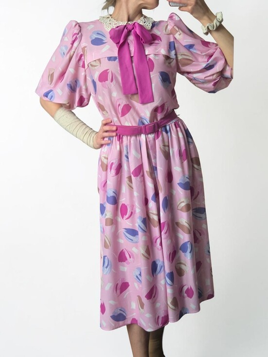 Sears Dresses & Skirts - Vintage 70/80s Sears Pink Pastel Floral Dress Belt Sz M Coquette Bow Pastel
